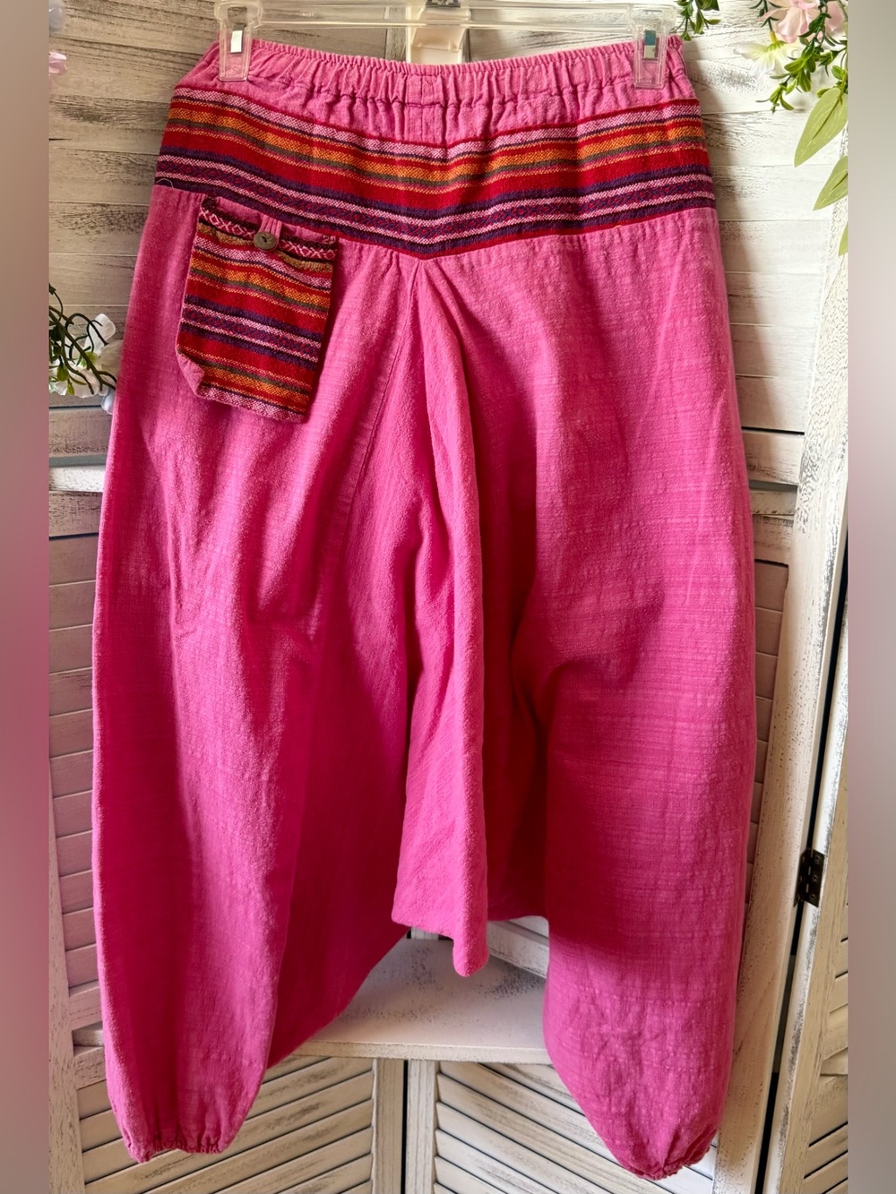 Thailand Handmade Pink Harem Pants Boho Hippie Festival Cotton OS Waist 22”-28”